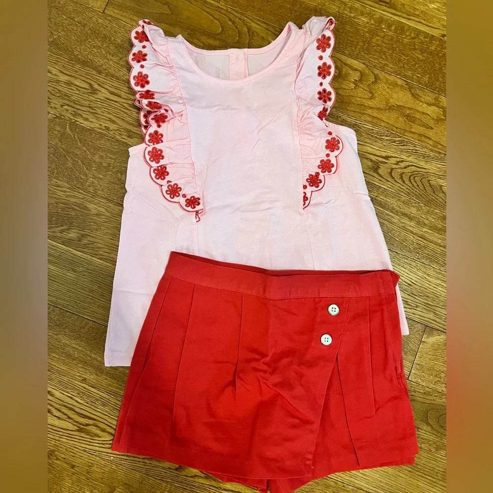 Girls Pink & Red Matching Set - Floral Ruffle Tank & Red Skort